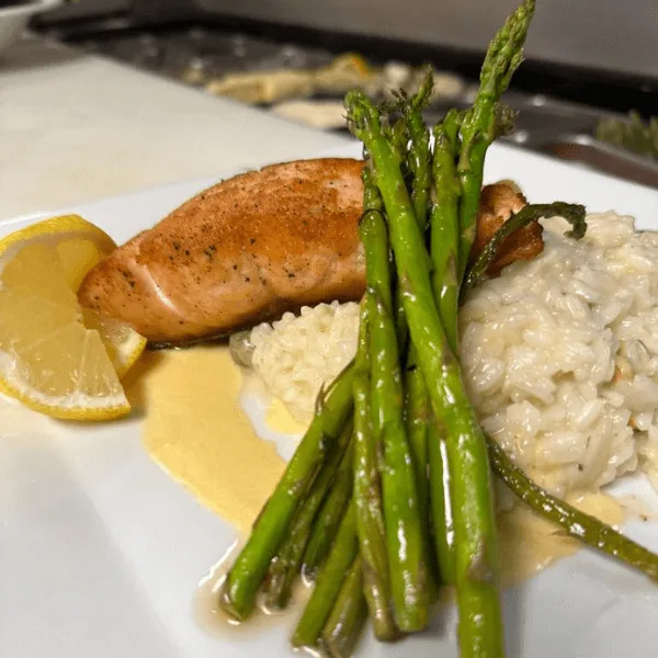 Salmon with seafood risotto
